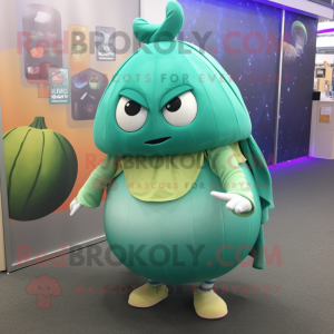 Teal Melon mascot costume character dressed with a Maxi Skirt and Keychains