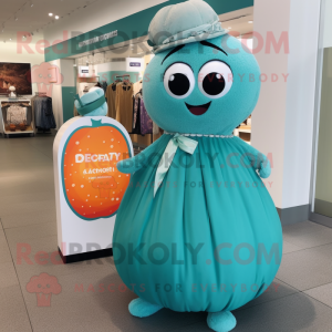 Teal Melon mascot costume character dressed with a Maxi Skirt and Keychains