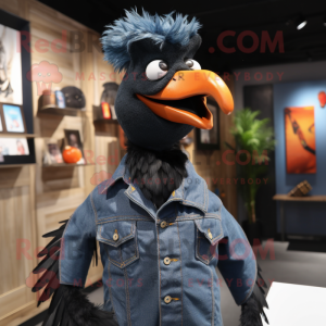 Black Pheasant mascot costume character dressed with a Denim Shirt and Earrings