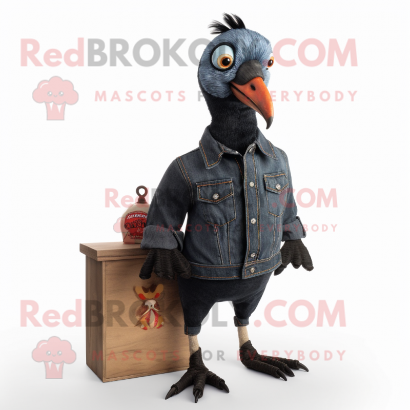 Black Pheasant mascot costume character dressed with a Denim Shirt and Earrings Black Pheasant mascot costume character dressed with a Denim Shirt and Earrings