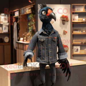 Black Pheasant mascot costume character dressed with a Denim Shirt and Earrings