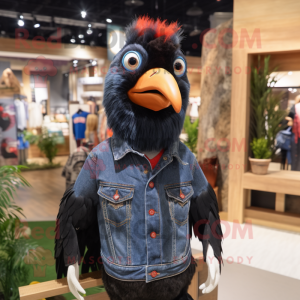 Black Pheasant mascot costume character dressed with a Denim Shirt and Earrings