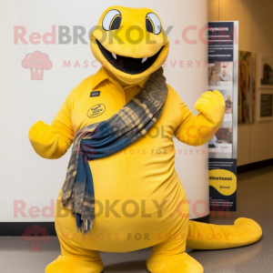 Yellow Titanoboa mascot costume character dressed with a Bootcut Jeans and Scarves