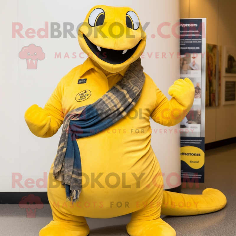Yellow Titanoboa mascot costume character dressed with a Bootcut Jeans and Scarves