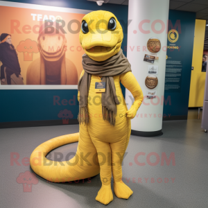 Yellow Titanoboa mascot costume character dressed with a Bootcut Jeans and Scarves