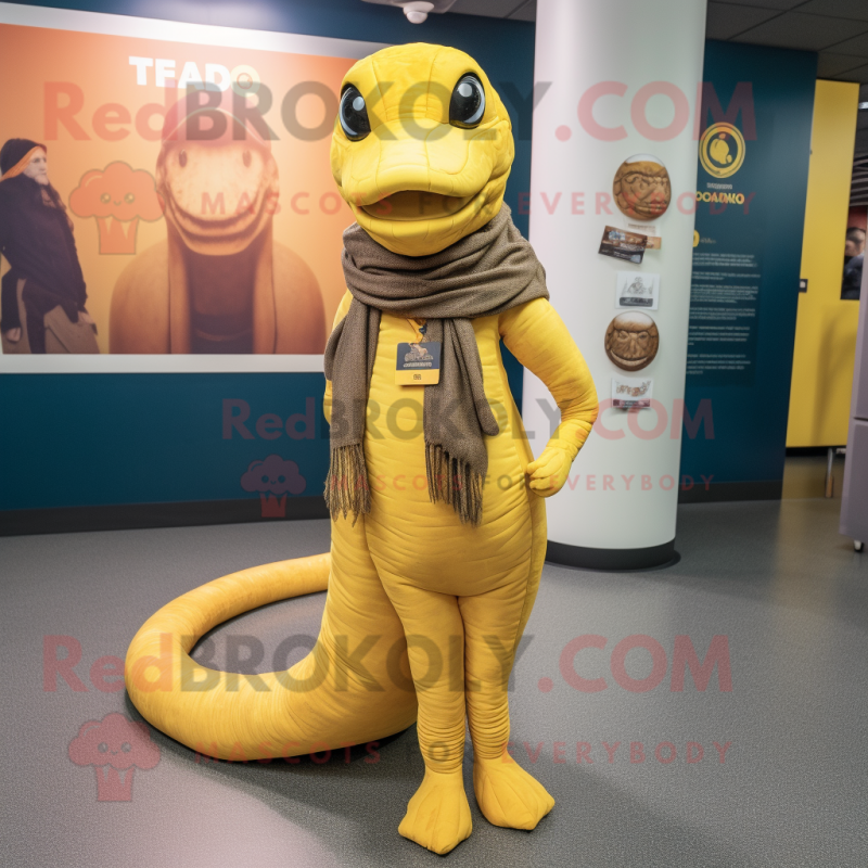 Yellow Titanoboa mascot costume character dressed with a Bootcut Jeans and Scarves