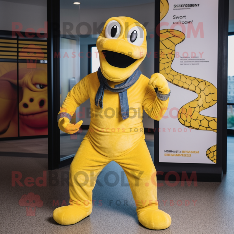 Yellow Titanoboa mascot costume character dressed with a Bootcut Jeans and Scarves