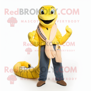 Yellow Titanoboa mascot costume character dressed with a Bootcut Jeans and Scarves