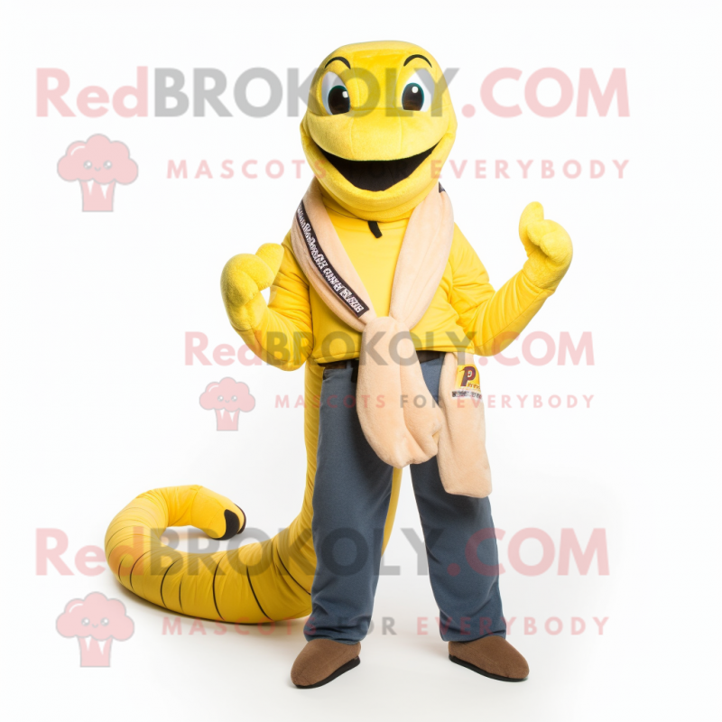 Yellow Titanoboa mascot costume character dressed with a Bootcut Jeans and Scarves Yellow Titanoboa mascot costume character dressed with a Bootcut Jeans and Scarves