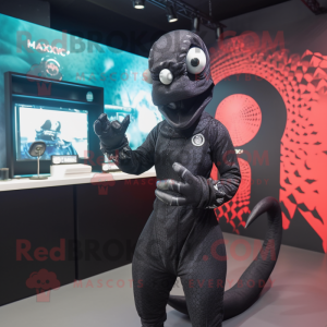 Black Hydra mascot costume character dressed with a Playsuit and Gloves