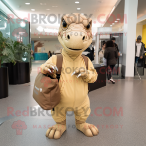 Tan Iguanodon mascot costume character dressed with a Sweatshirt and Handbags