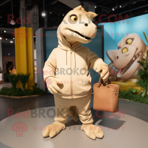 Tan Iguanodon mascot costume character dressed with a Sweatshirt and Handbags