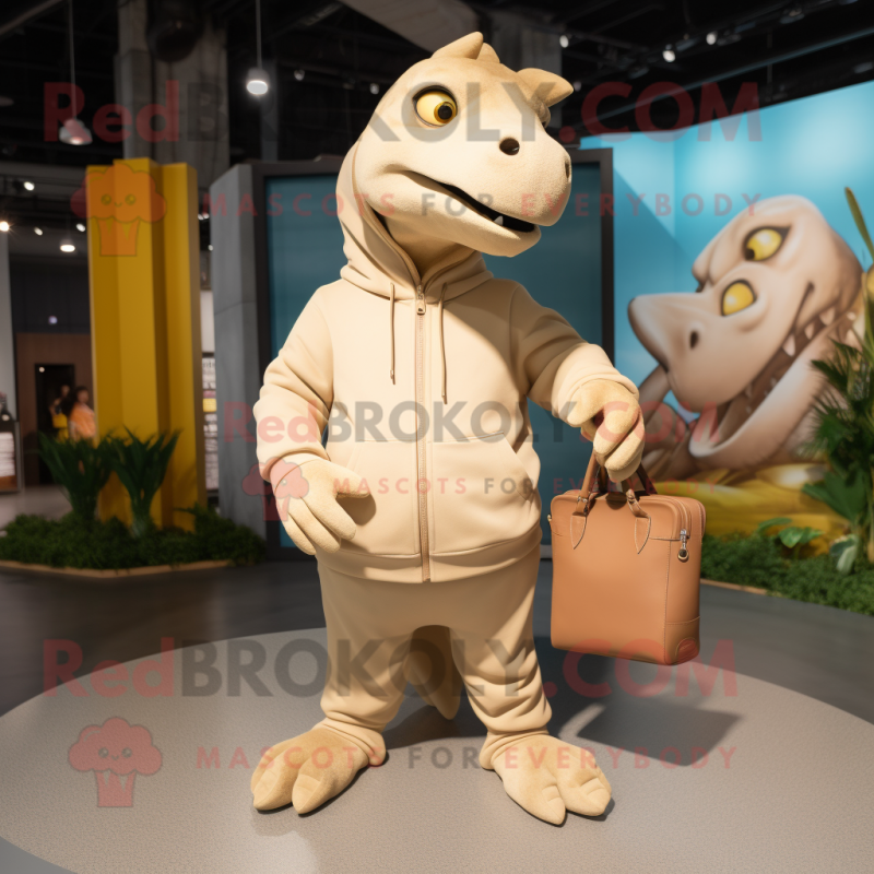 Tan Iguanodon mascot costume character dressed with a Sweatshirt and Handbags Tan Iguanodon mascot costume character dressed with a Sweatshirt and Handbags