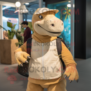 Tan Iguanodon mascot costume character dressed with a Sweatshirt and Handbags