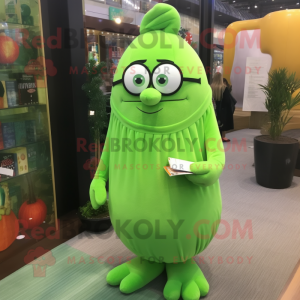 Lime Green Shakshuka mascot costume character dressed with a Dress Pants and Reading glasses