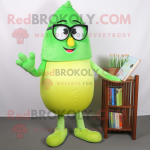 Lime Green Shakshuka mascot costume character dressed with a Dress Pants and Reading glasses