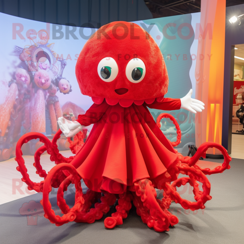 Red Fried Calamari mascot costume character dressed with a Circle Skirt and Hairpins