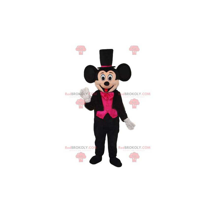 Mascotte di Topolino con un elegante costume nero e fucsia -