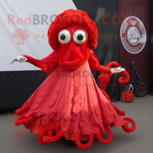 Red Fried Calamari mascot costume character dressed with a Circle Skirt and Hairpins