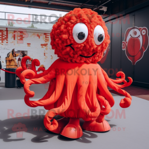 Red Fried Calamari mascot costume character dressed with a Circle Skirt and Hairpins