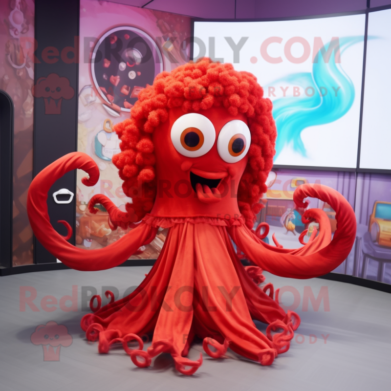 Red Fried Calamari mascot costume character dressed with a Circle Skirt and Hairpins