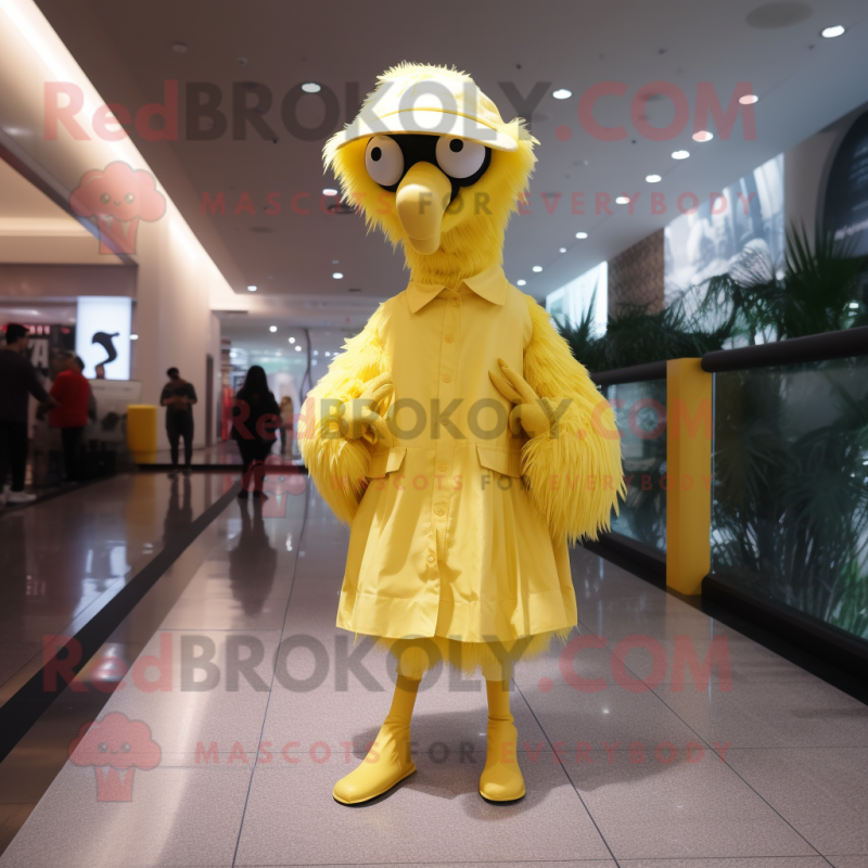 Lemon Yellow Ostrich mascot costume character dressed with a Raincoat and Belts