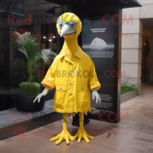 Lemon Yellow Ostrich mascot costume character dressed with a Raincoat and Belts