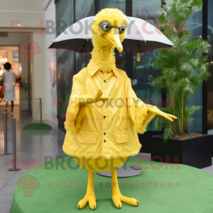 Lemon Yellow Ostrich mascot costume character dressed with a Raincoat and Belts