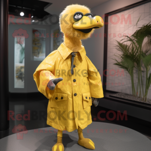 Lemon Yellow Ostrich mascot costume character dressed with a Raincoat and Belts