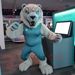 Cyan Smilodon mascot costume character dressed with a Henley Shirt and Gloves