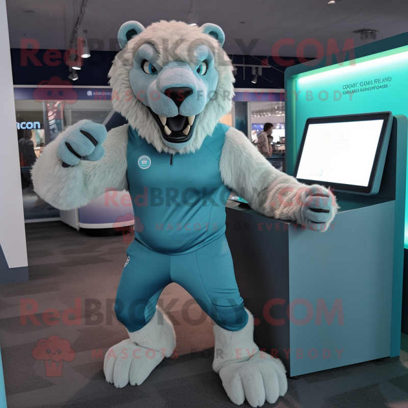 Cyan Smilodon mascot costume character dressed with a Henley Shirt and Gloves Cyan Smilodon mascot costume character dressed with a Henley Shirt and Gloves