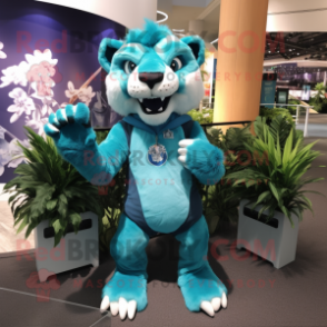 Cyan Smilodon mascot costume character dressed with a Henley Shirt and Gloves