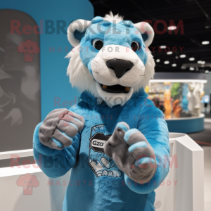 Cyan Smilodon mascot costume character dressed with a Henley Shirt and Gloves