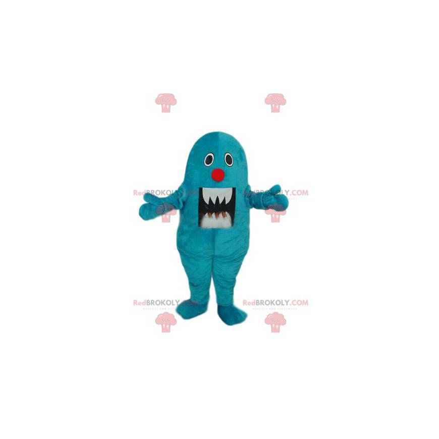 Mascot klein blauw monster met grote tanden - Redbrokoly.com