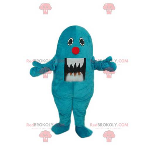 Mascot pequeño monstruo azul con dientes grandes -
