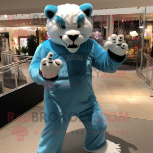 Cyan Smilodon mascot costume character dressed with a Henley Shirt and Gloves
