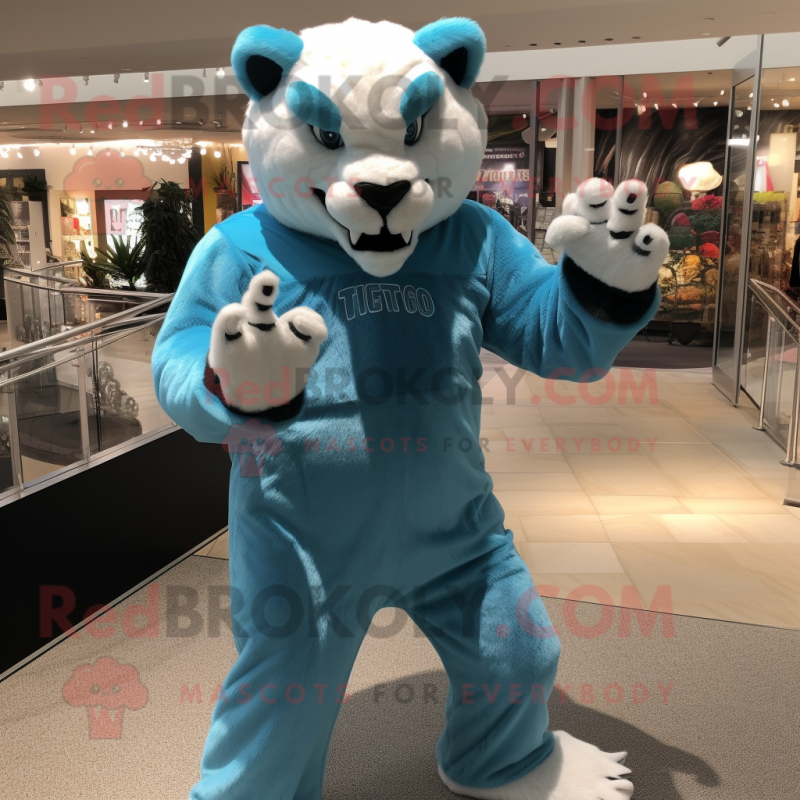 Cyan Smilodon mascot costume character dressed with a Henley Shirt and Gloves Cyan Smilodon mascot costume character dressed with a Henley Shirt and Gloves