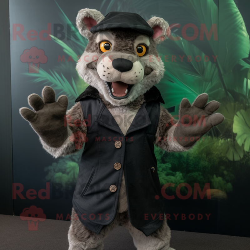 Black Thylacosmilus mascot costume character dressed with a Waistcoat and Foot pads Black Thylacosmilus mascot costume character dressed with a Waistcoat and Foot pads