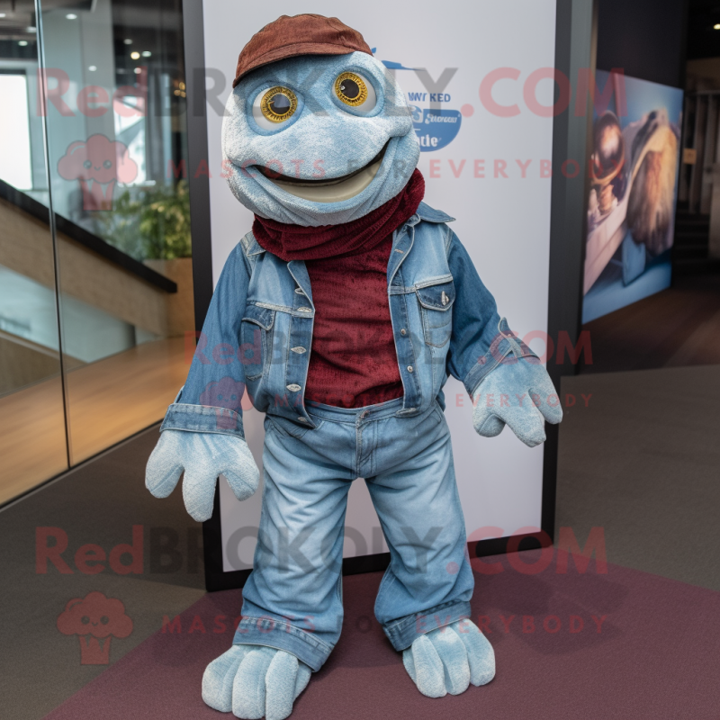 Maroon Sea Turtle mascot costume character dressed with a Denim Shirt and Foot pads Maroon Sea Turtle mascot costume character dressed with a Denim Shirt and Foot pads