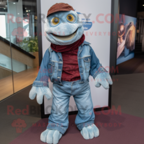 Maroon Sea Turtle mascot costume character dressed with a Denim Shirt and Foot pads