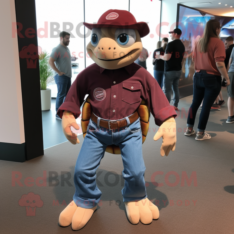 Maroon Sea Turtle mascot costume character dressed with a Denim Shirt and Foot pads