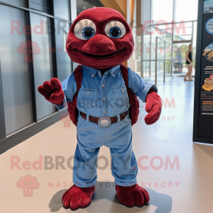 Maroon Sea Turtle mascot costume character dressed with a Denim Shirt and Foot pads