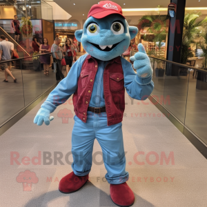 Maroon Sea Turtle mascot costume character dressed with a Denim Shirt and Foot pads