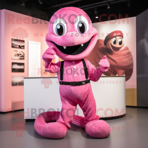 Pink Snake mascot costume character dressed with a Long Sleeve Tee and Suspenders