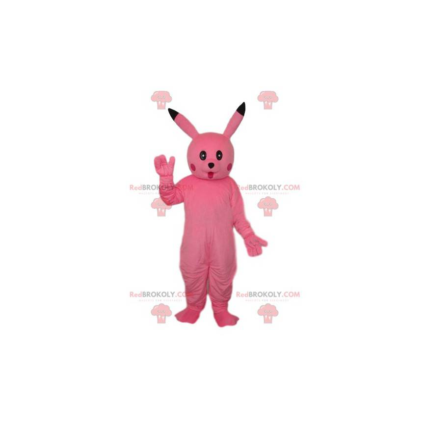 Pink kanin maskot med et blik af forundring - Redbrokoly.com