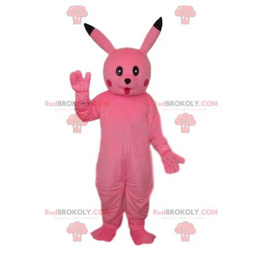 Pink kanin maskot med et blik af forundring - Redbrokoly.com