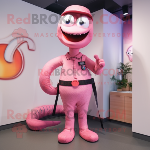 Pink Snake mascot costume character dressed with a Long Sleeve Tee and Suspenders