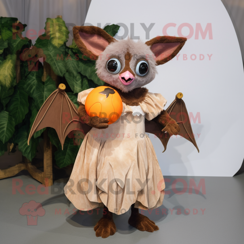 Rust Fruit Bat mascot costume character dressed with a Ball Gown and Watches