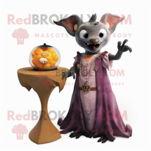 Rust Fruit Bat mascot costume character dressed with a Ball Gown and Watches