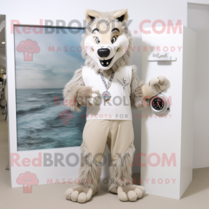 Beige Say Wolf mascot costume character dressed with a Swimwear and Bracelet watches